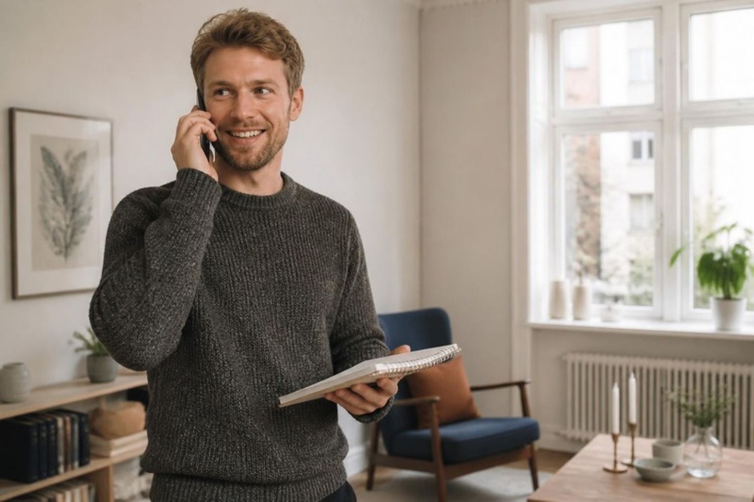 Smilende mand i strik taler i mobiltelefon med en notesblok i hånden i en lys nordisk stue